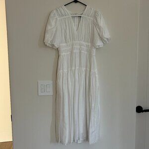 Saks Fifth Avenue White Puff Sleeve V-Neck Midi Dress, Size S